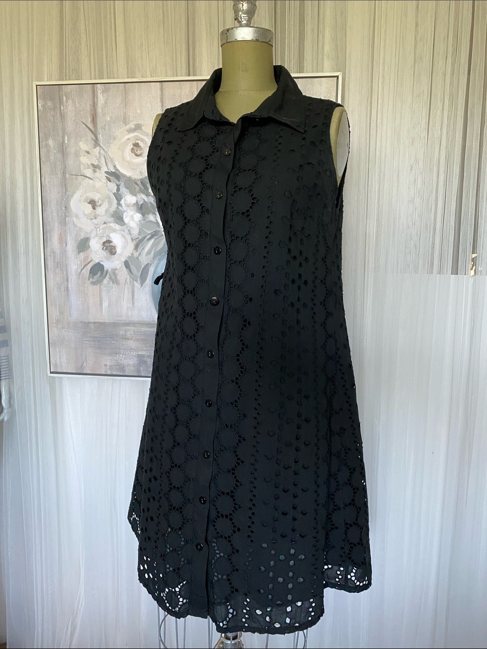 Valentina Naldi Sleeveless Black Eyelet Shirt Dress button up Made in Italy 🇮🇹 L